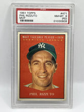 Load image into Gallery viewer, 1961 Topps Phil Rizzuto MVP #417 PSA 8 (PD) Yankees
