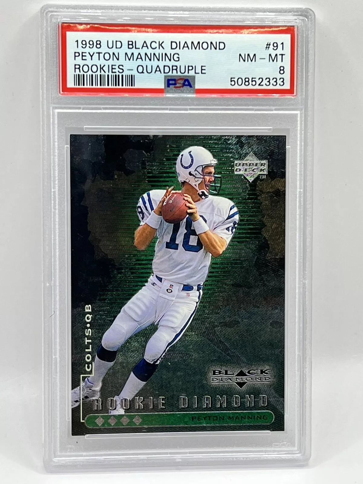 1998 Upper Deck Black Diamond Peyton Manning Rookie Quadruple /100 PSA 8 Colts