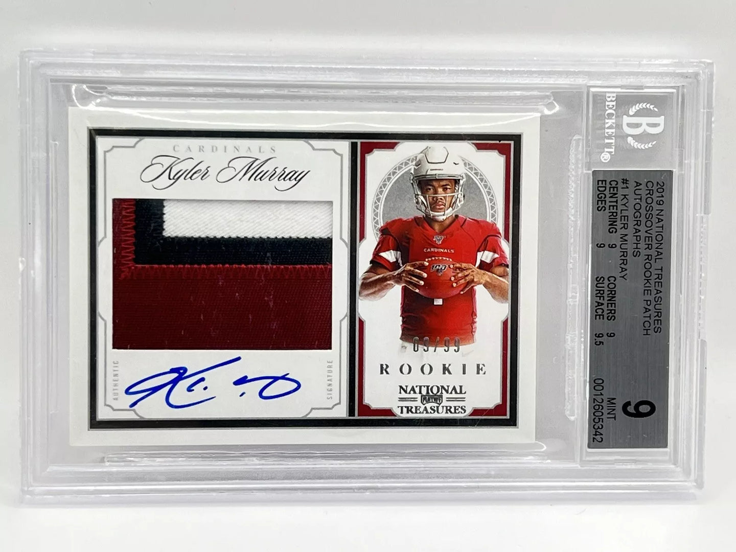 2019 National Treasures Kyler Murray Rookie Patch Auto Crossover /99 BGS 9/10