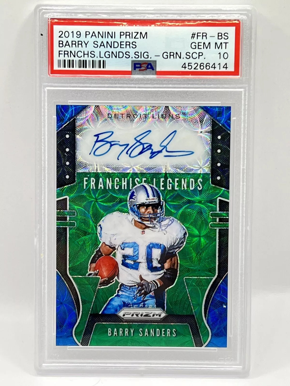 2019 Panini Prizm Barry Sanders Franchise Legends Green Scope Auto /25 PSA 10