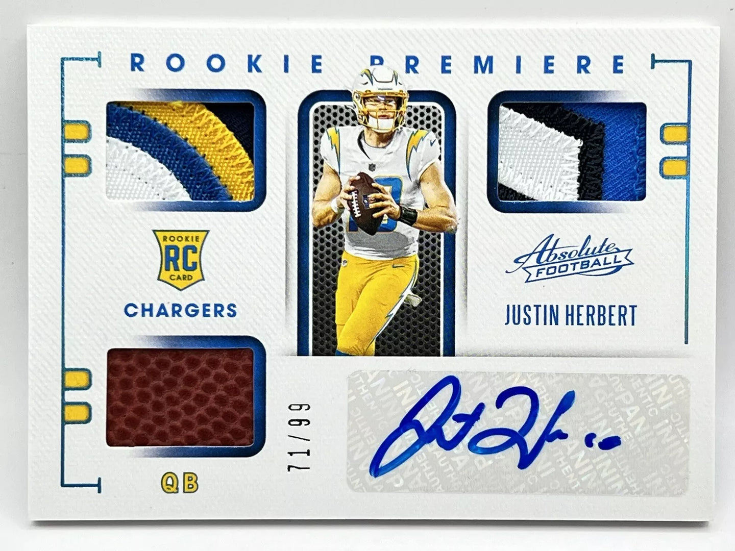 2020 Panini Absolute Justin Herbert Rookie Triple Patch Auto /99 Chargers