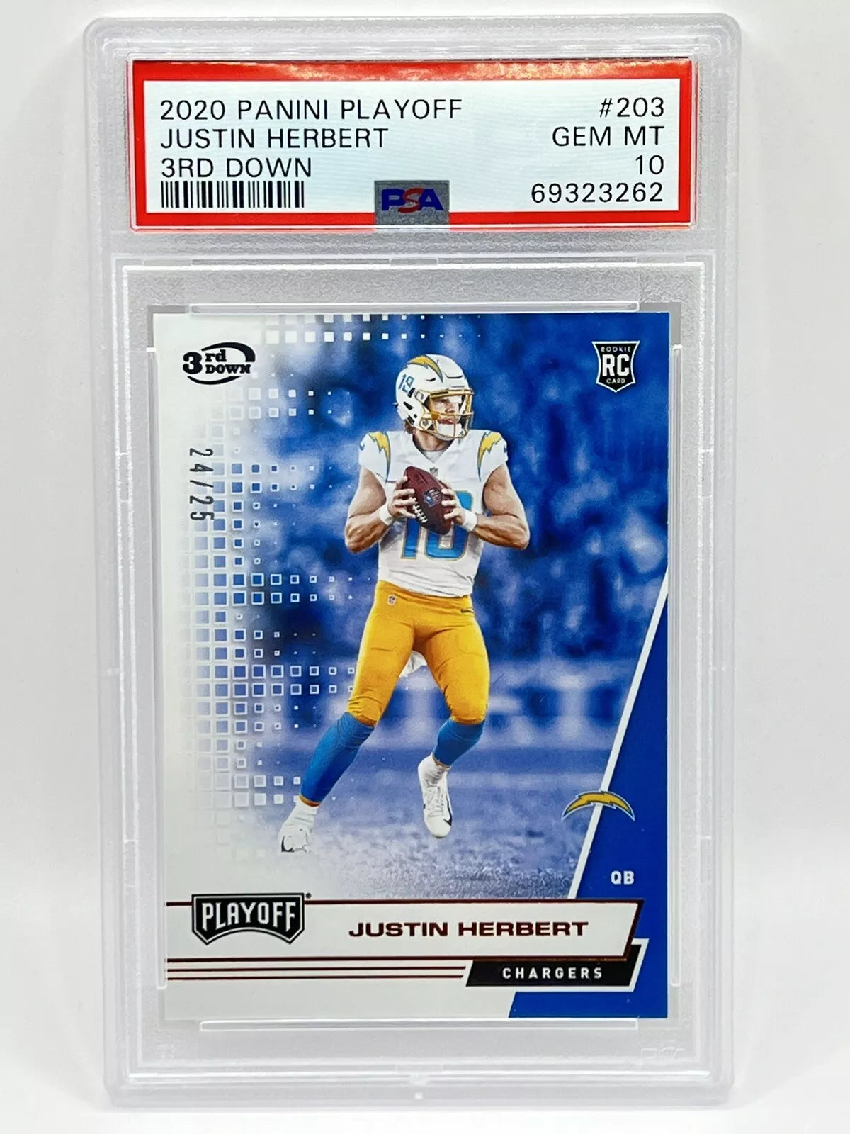 2020 Panini Panini Playoff Justin Herbert 3rd Down Rookie /25 PSA 10 Chargers