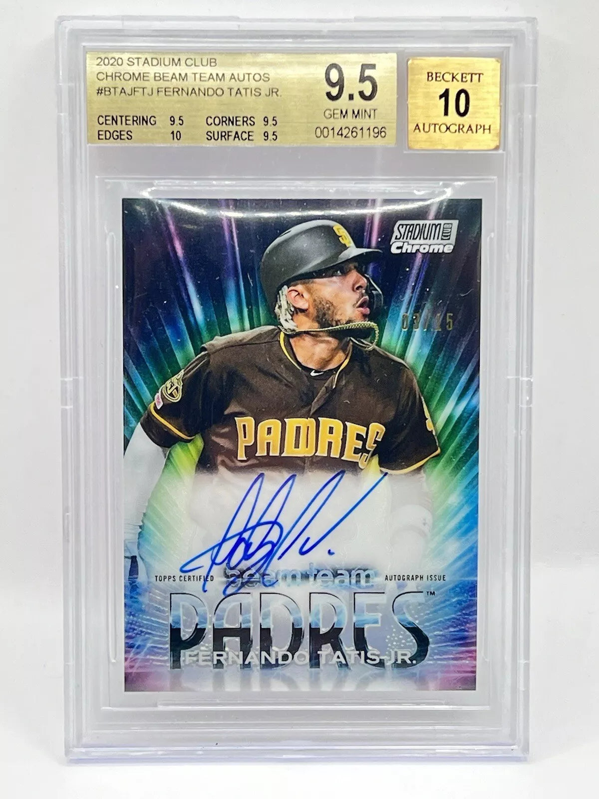 2020 Topps Stadium Club Chrome Fernando Tatis Jr Beam Team Auto /15 BGS 9.5/10