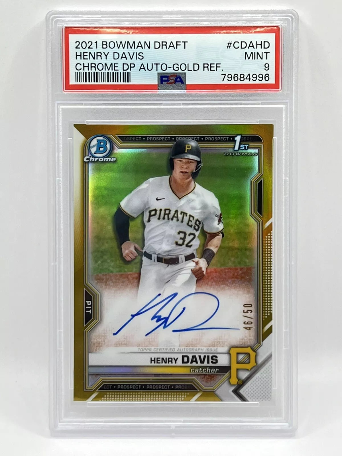 2021 Bowman Chrome Henry Davis 1st Gold Refractor Auto /50 PSA 9 Pirates