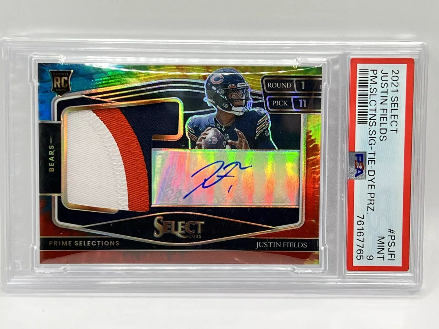 2021 Panini Select Justin Fields Rookie Tie Dye Patch Auto /25 PSA 9 Bears