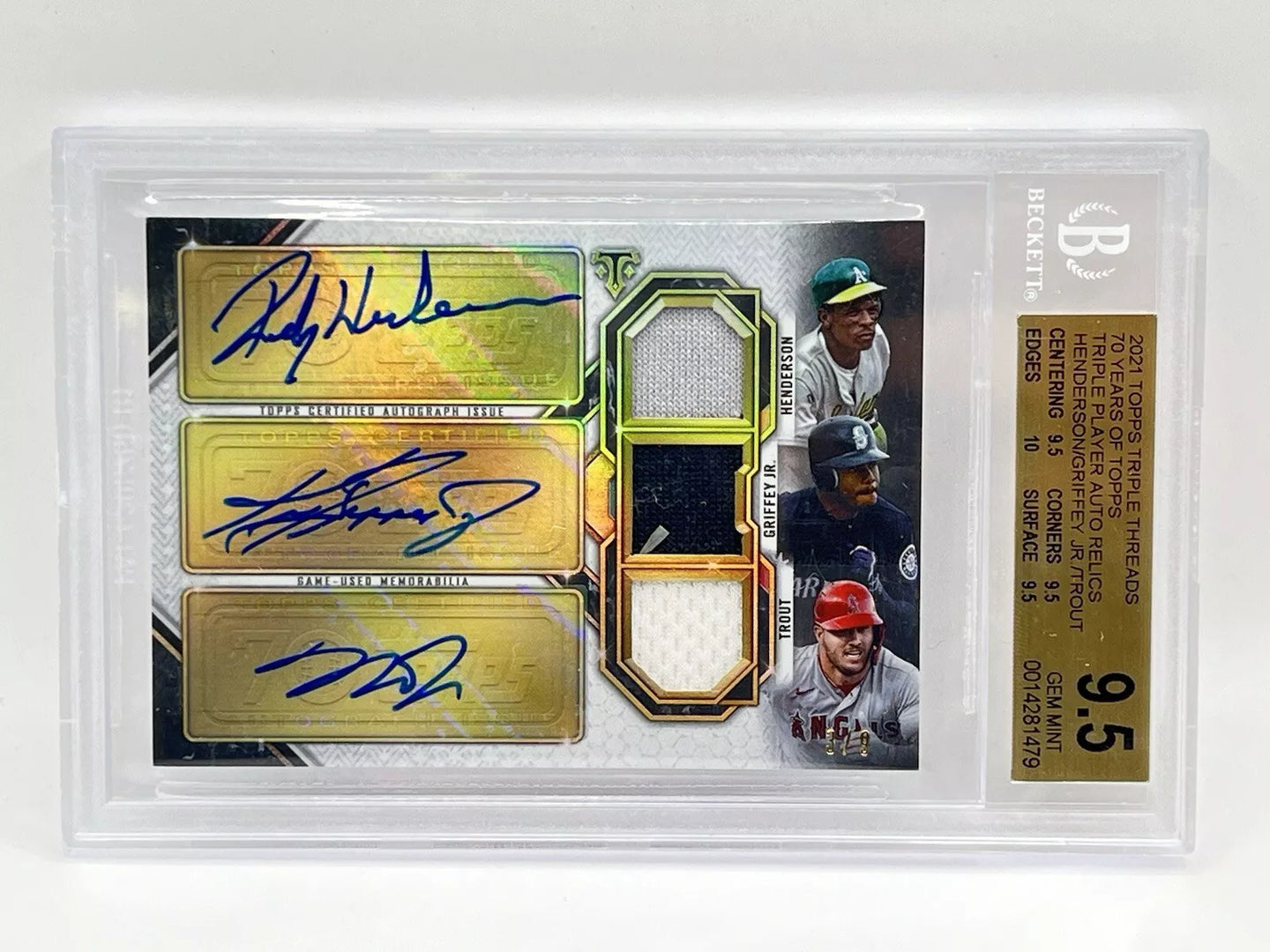 2021 Topps Triple Threads Henderson Griffey Trout Triple Relic Auto /9 BGS 9.5