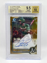 Load image into Gallery viewer, 2022 Bowman Chrome Denzel Clarke 1st Gold Refractor Auto /50 BGS 9.5/10 A’s
