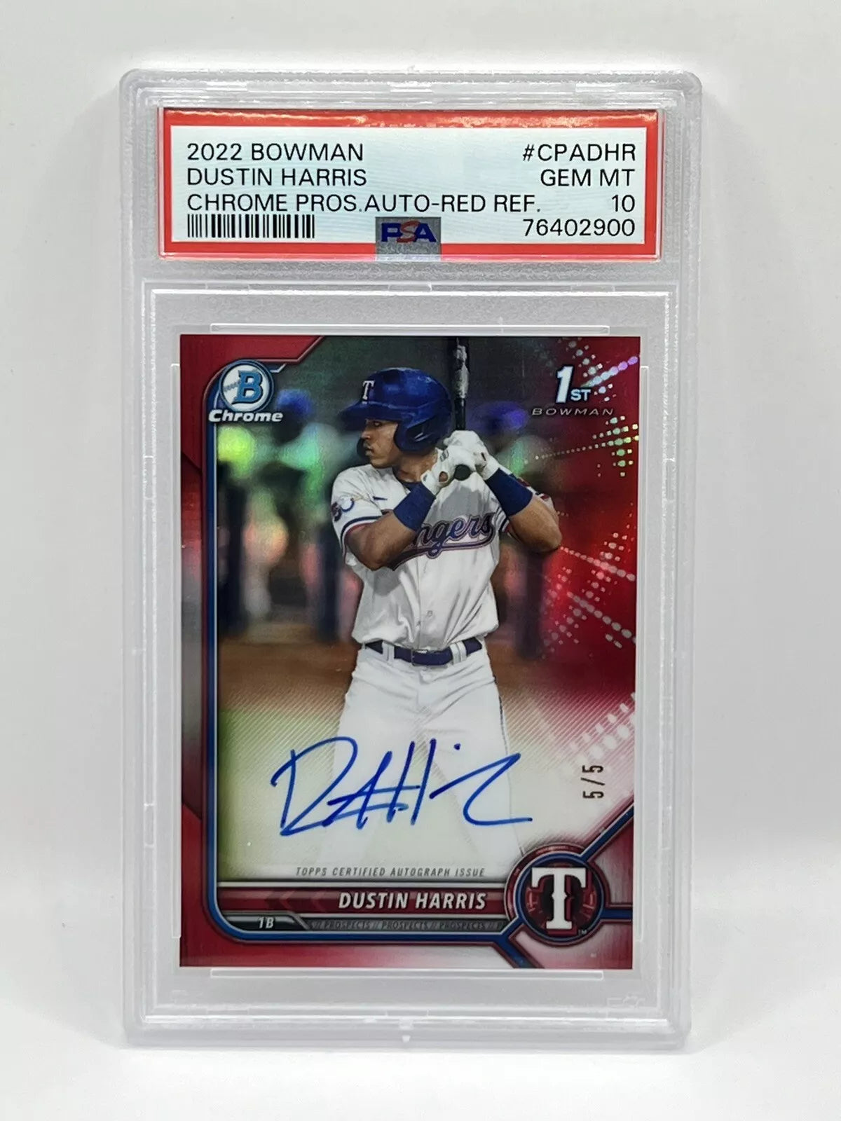 2022 Bowman Chrome Dustin Harris 1st Red Refractor Auto /5 PSA 10 Rangers