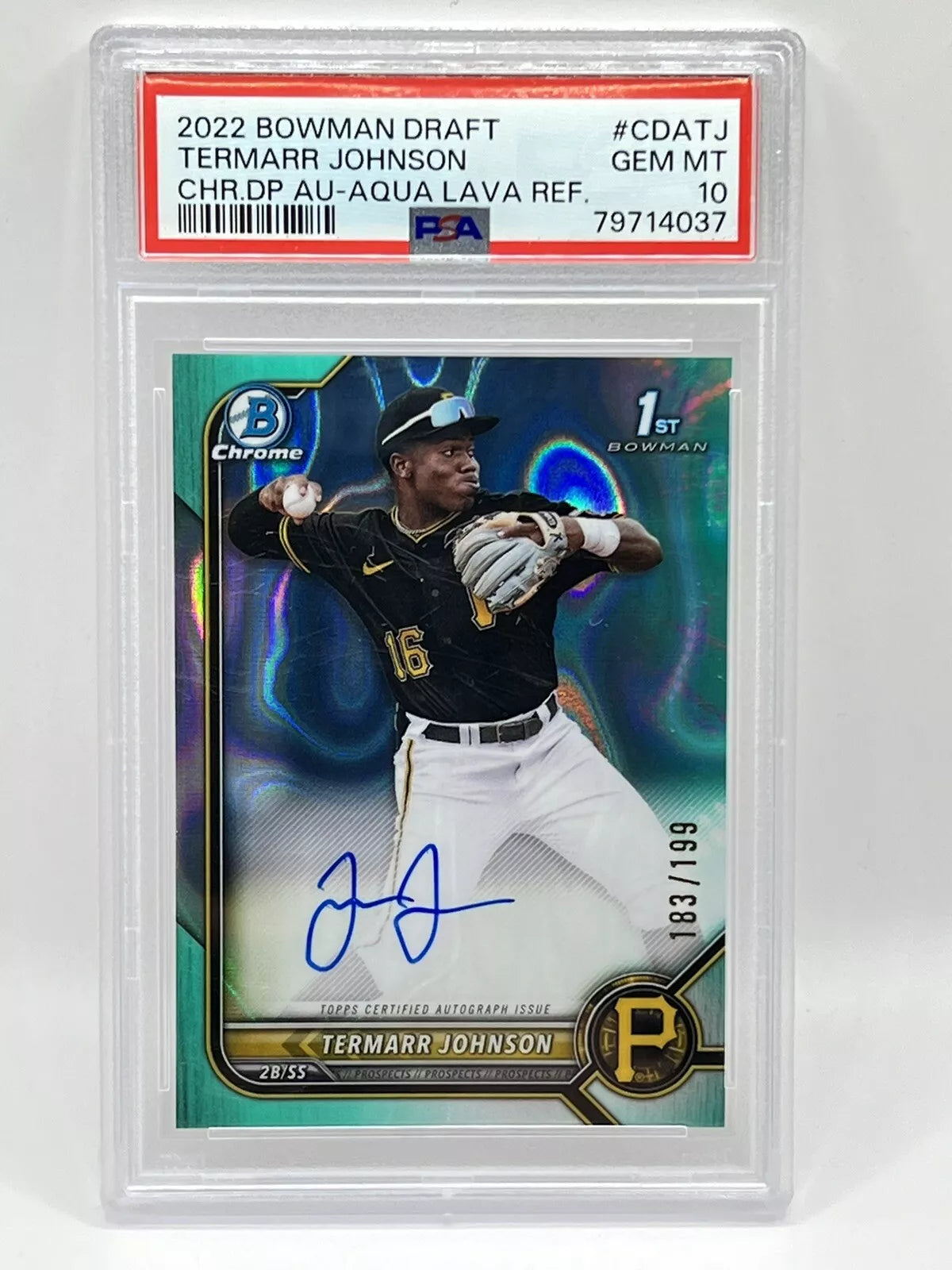 2022 Bowman Chrome Termarr Johnson 1st Aqua Lave Auto /199 PSA 10 Pirates