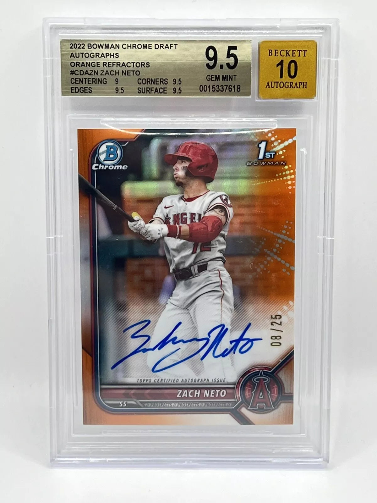 2022 Bowman Chrome Zack Neto 1st Orange Refractor Auto /25 BGS 9.5/10 Angels