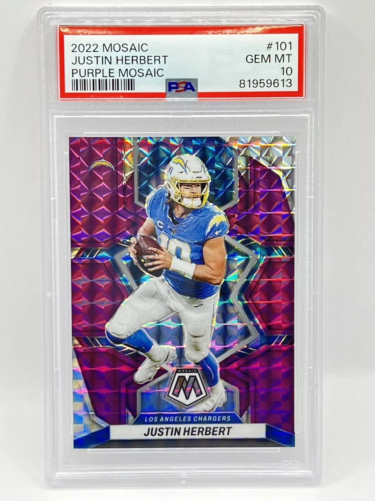 2022 Panini Mosaic Justin Herbert Purple /49 PSA 10 Chargers