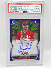 Load image into Gallery viewer, 2023 Bowman Chrome Alfredo Duno 1st Purple Refractor Auto /250 PSA 10 Reds
