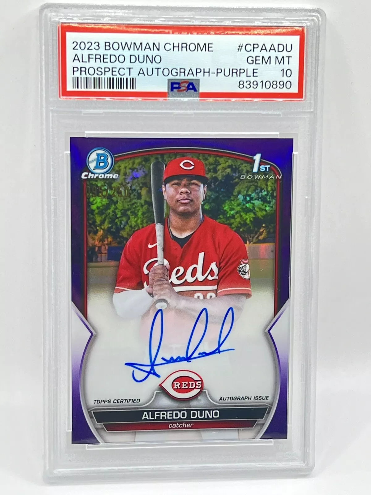 2023 Bowman Chrome Alfredo Duno 1st Purple Refractor Auto /250 PSA 10 Reds