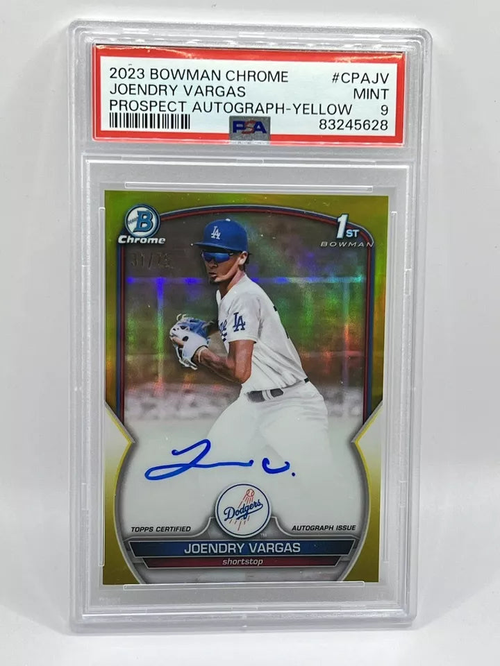 2023 Bowman Chrome Joendry Vargas 1st Yellow Refractor Auto /75 PSA 9 Dodgers