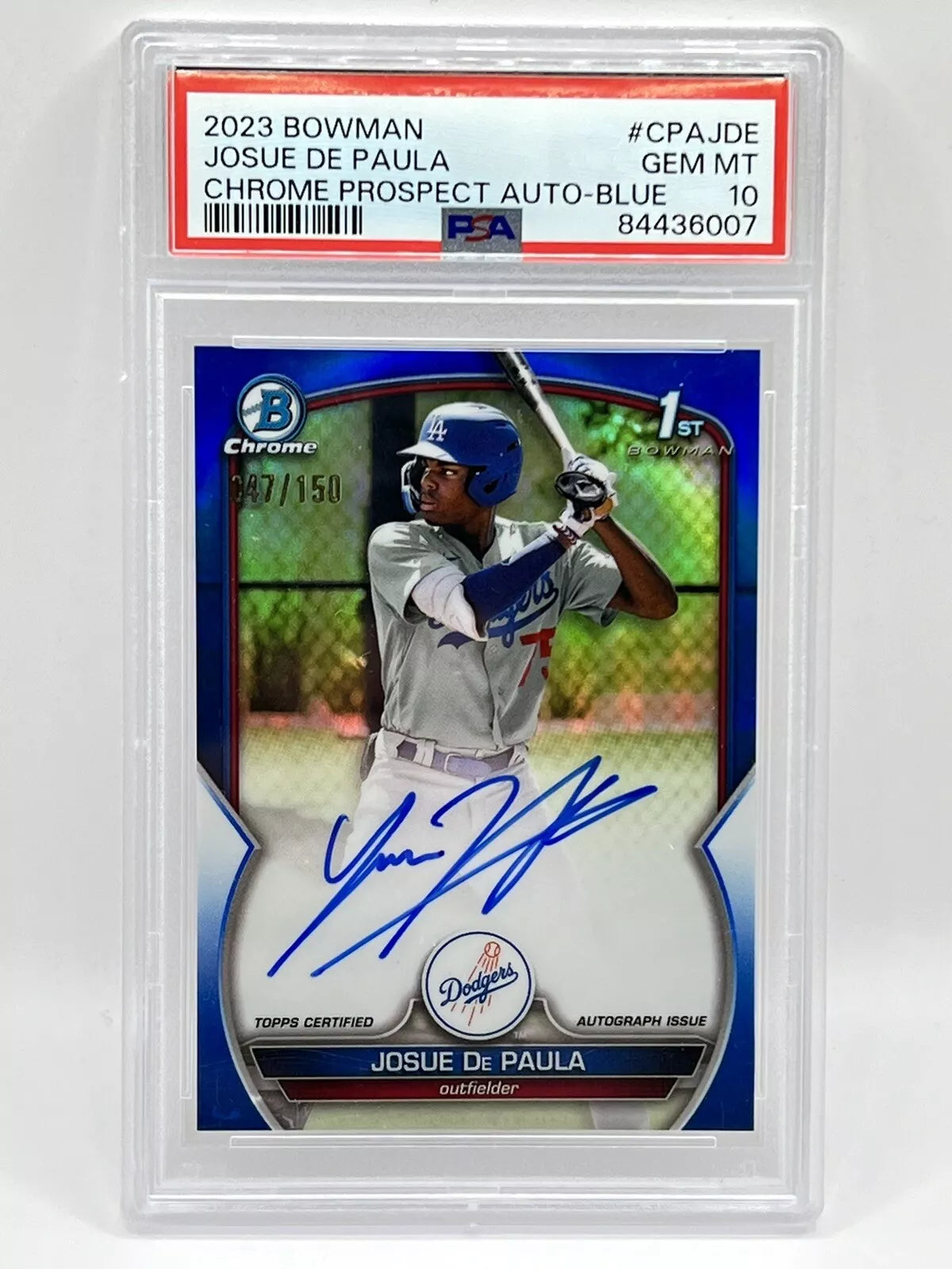 2023 Bowman Chrome Josue De Paula 1st Blue Refractor Auto /150 PSA 10 Dodgers