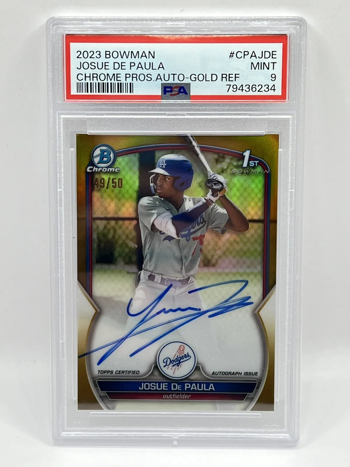 2023 Bowman Chrome Josue De Paula 1st Gold Refractor Auto /50 PSA 9 Dodgers