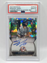 Load image into Gallery viewer, 2023 Bowman Chrome Spencer Jones 1st Atomic Refractor Auto /100 PSA 10 Yankees
