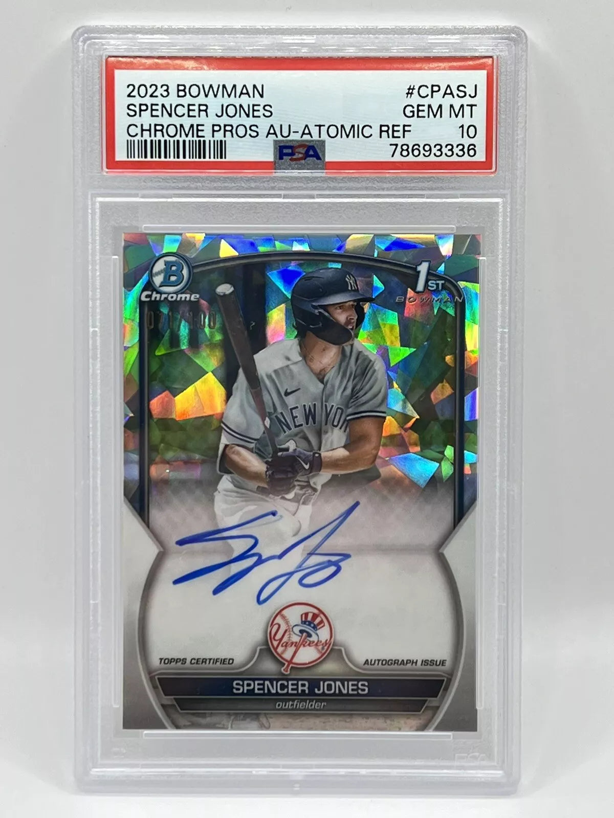 2023 Bowman Chrome Spencer Jones 1st Atomic Refractor Auto /100 PSA 10 Yankees