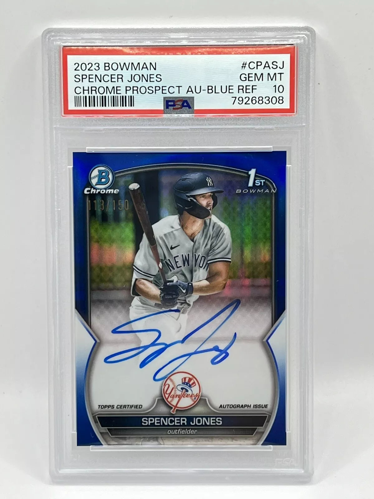 2023 Bowman Chrome Spencer Jones 1st Blue Refractor Auto /150 PSA 10 Yankees