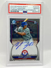 Load image into Gallery viewer, 2023 Bowman Chrome Wyatt Langford 1st Base Auto PSA 10 Rangers
