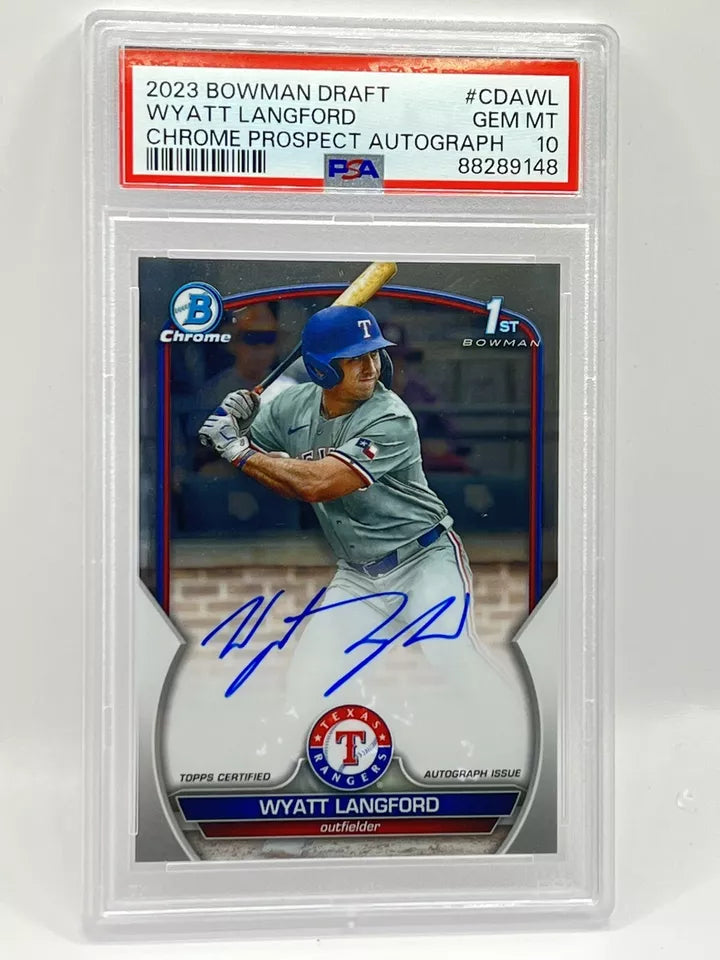 2023 Bowman Chrome Wyatt Langford 1st Base Auto PSA 10 Rangers