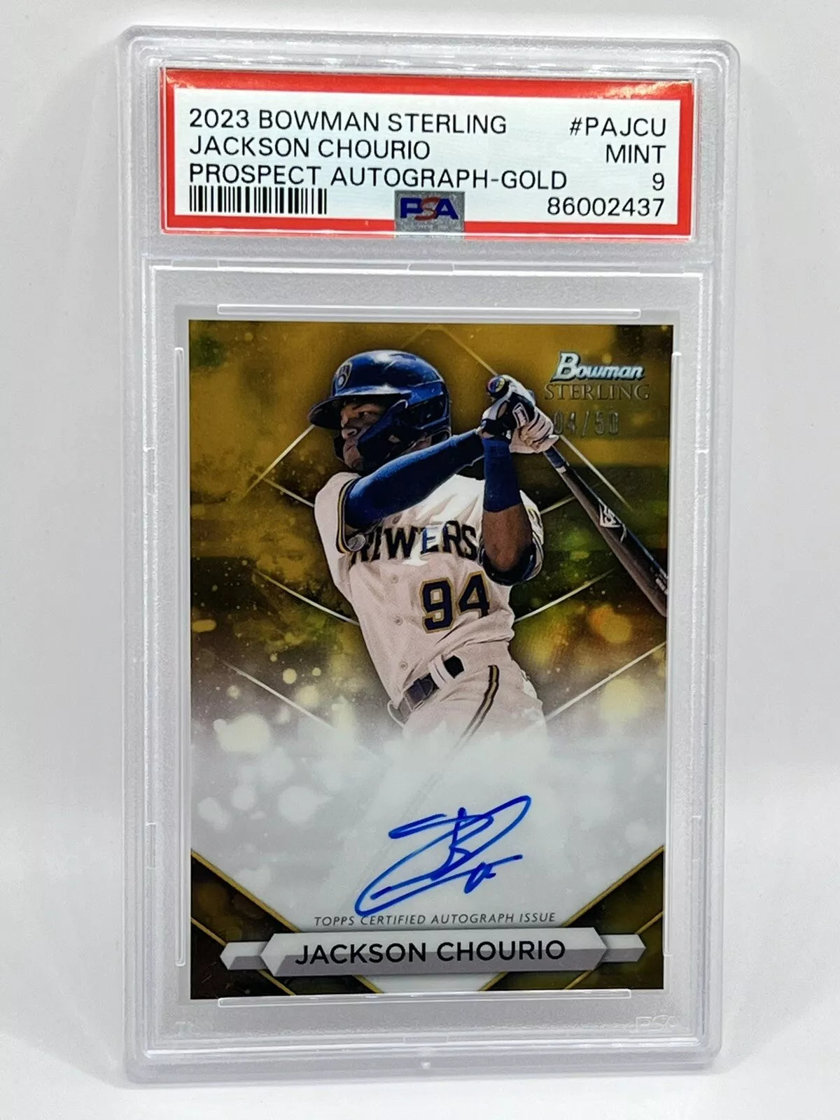 2023 Bowman Sterling Jackson Chourio Prospect Gold Auto /50 PSA 9 Brewers