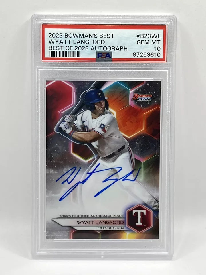 2023 Bowman’s Best Wyatt Langford Base Auto PSA 10 Rangers