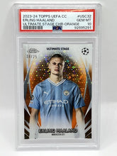 Load image into Gallery viewer, 2023 Topps Chrome UEFA Erling Haaland Ultimate Stage Orange /25 PSA 10
