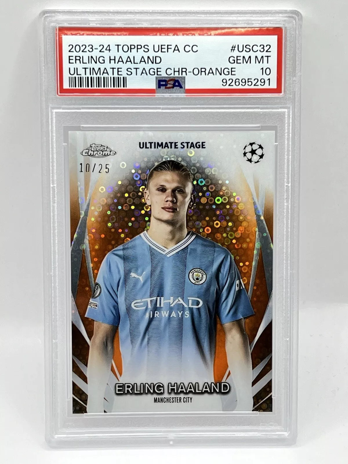 2023 Topps Chrome UEFA Erling Haaland Ultimate Stage Orange /25 PSA 10